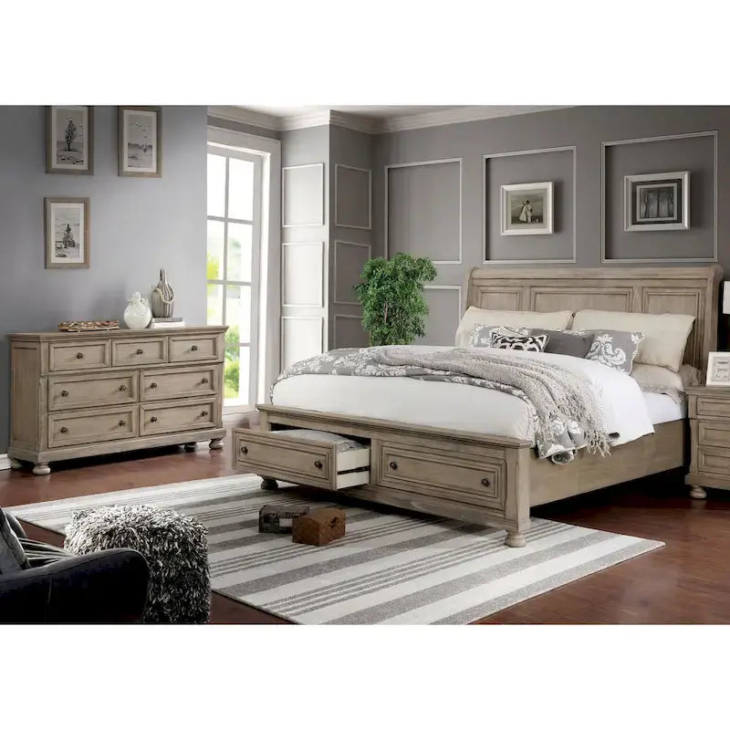 Ensemble lit traîneau et commode de rangement Nahkohe en bois gris transitionnel, 2 pièces, par Furniture of America