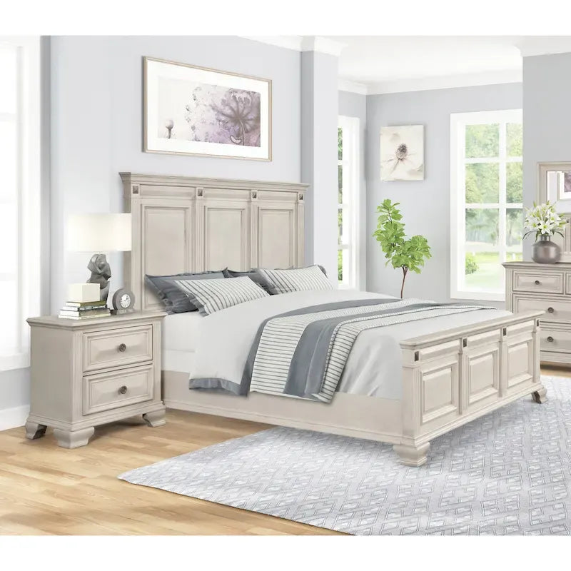 Ensemble de chambre à coucher 3 pièces Roundhill Furniture Renova en bois parchemin vieilli, lit à panneaux et 2 tables de chevet