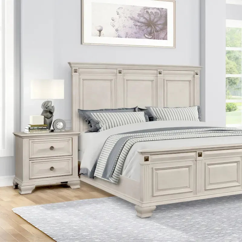 Ensemble de chambre à coucher 3 pièces Roundhill Furniture Renova en bois parchemin vieilli, lit à panneaux et 2 tables de chevet