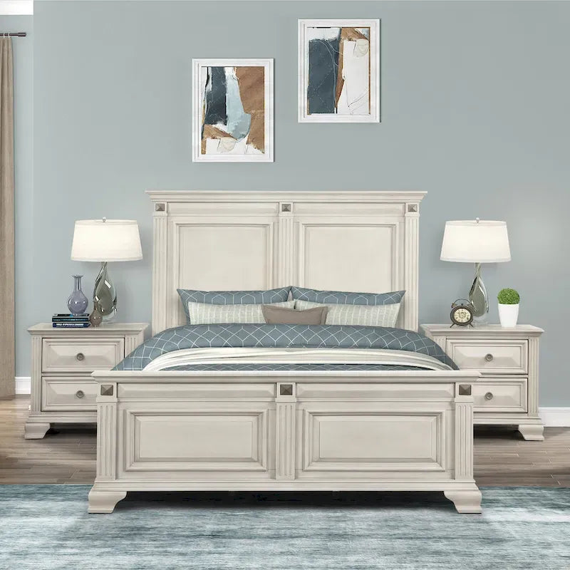 Ensemble de chambre à coucher 3 pièces Roundhill Furniture Renova en bois parchemin vieilli, lit à panneaux et 2 tables de chevet