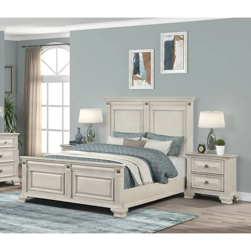 Ensemble de chambre à coucher 3 pièces Roundhill Furniture Renova en bois parchemin vieilli, lit à panneaux et 2 tables de chevet