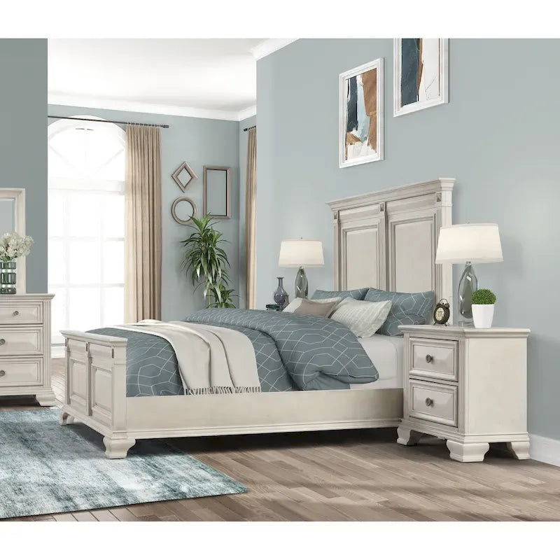 Ensemble de chambre à coucher 3 pièces Roundhill Furniture Renova en bois parchemin vieilli, lit à panneaux et 2 tables de chevet