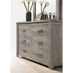 Ensemble de chambre à coucher contemporain Roundhill Furniture Floren en bois gris vieilli, comprenant un lit à panneaux, une commode, un miroir, une table de chevet et une commode