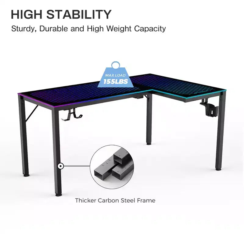 GTG-L60, bureau de jeu d'angle en verre en L 60x23, noir, 48,54 P x 60 L x 30 H