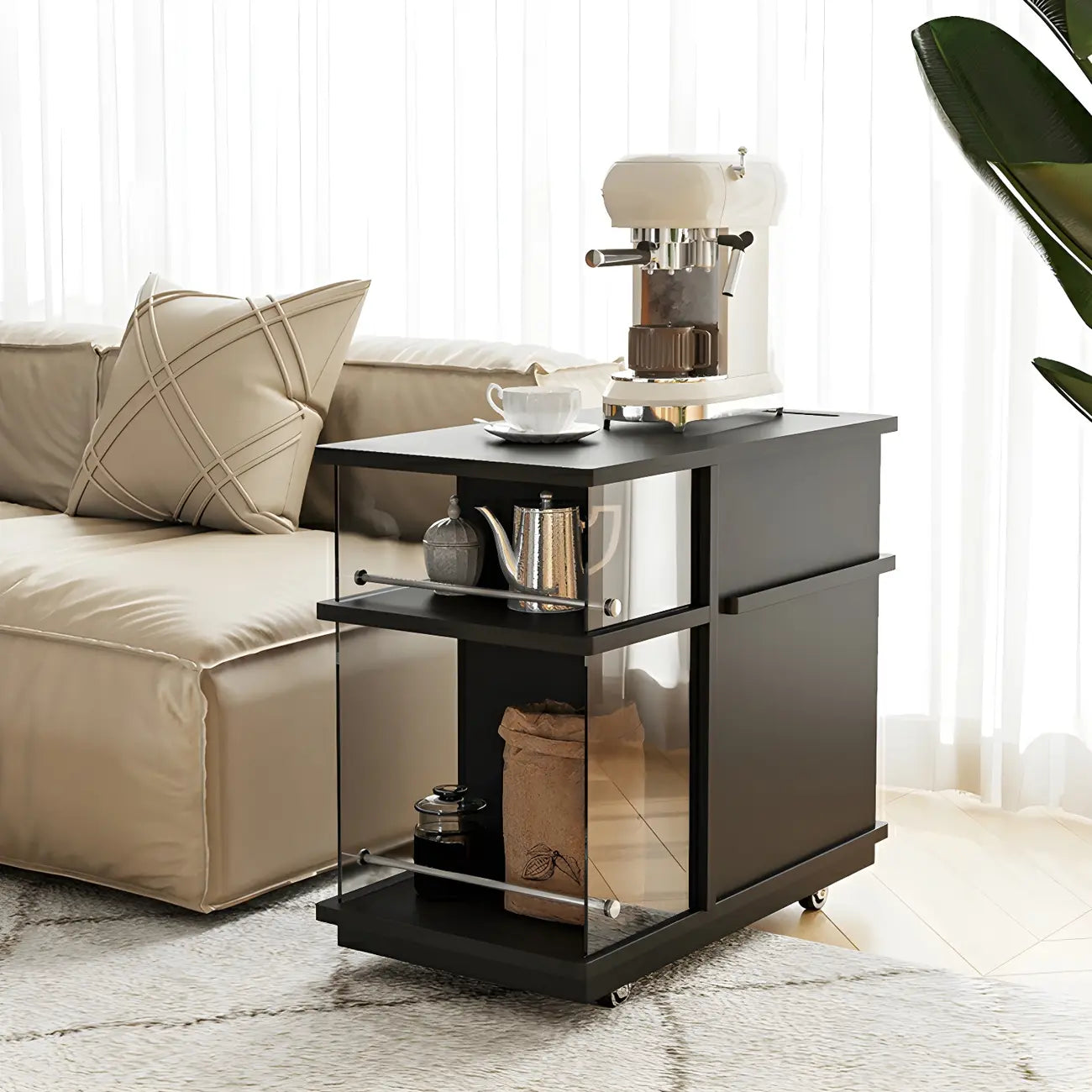 Table d'appoint rectangulaire fonctionnelle en bois noir avec rangement