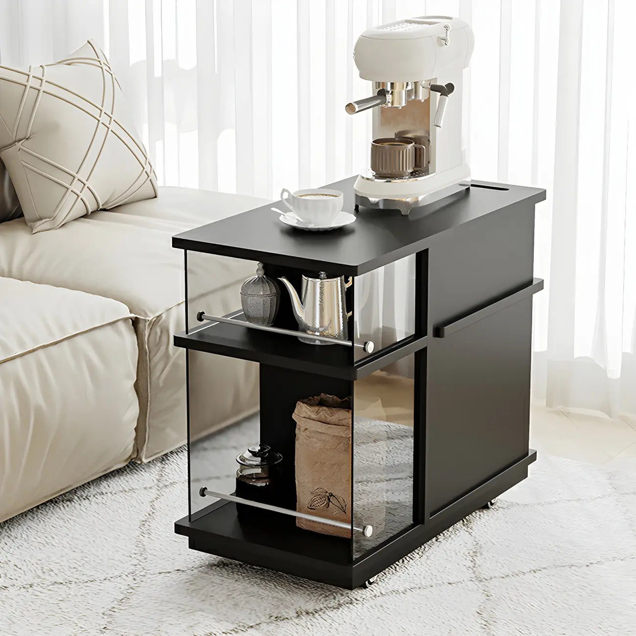Table d'appoint rectangulaire fonctionnelle en bois noir avec rangement