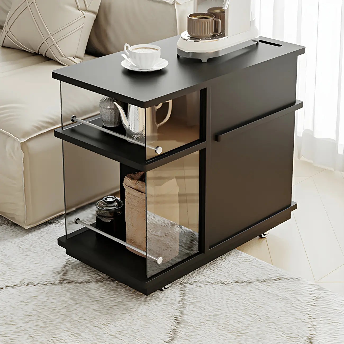Table d'appoint rectangulaire fonctionnelle en bois noir avec rangement