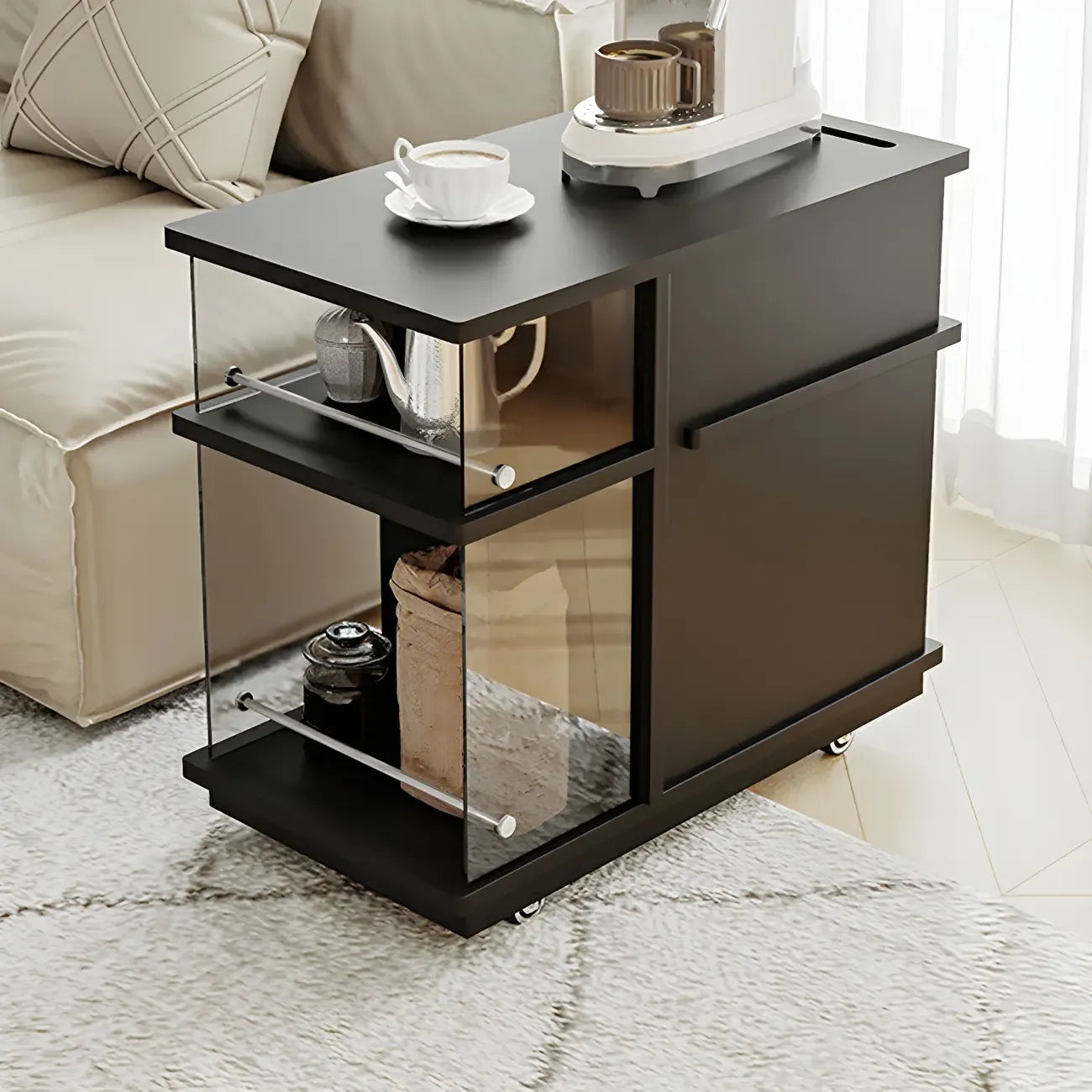 Table d'appoint rectangulaire fonctionnelle en bois noir avec rangement
