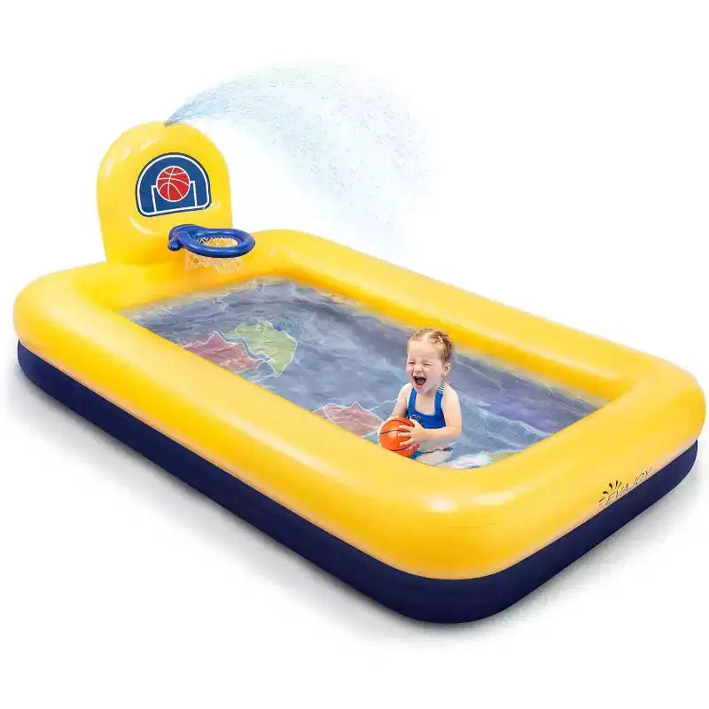 Link Evajoy Kids Inflatable Pool With Basketball Hoop and Spray - Great For Backyards & Gardens 90x55x35