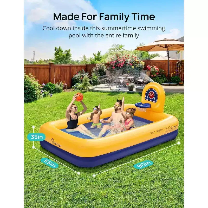 Piscine gonflable pour enfants Evajoy avec panier de basket et jet d'eau - Idéale pour les cours et les jardins 90x55x35