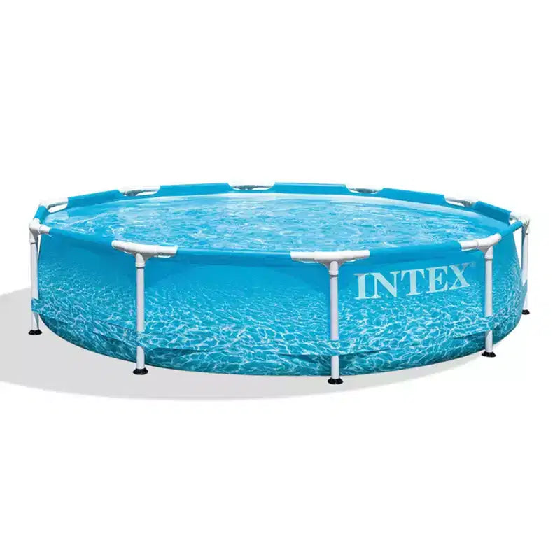 Intex 10 Foot x 30 Inch Round Metal Frame Outdoor Backyard Above Ground Beachside Swimming Pool with Reinforced Sidewalls, Blue