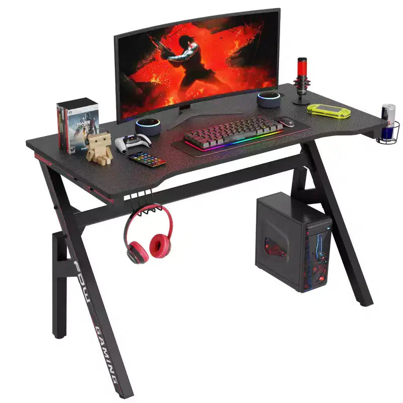 Bureau de jeu FDW 47 pouces PC, table en fibre de carbone, station de travail ultime pour joueurs avec porte-gobelet et crochet pour casque, pour bureau à domicile
