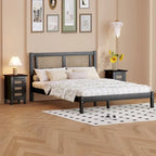 Ensemble de chambre 3 pièces : lit plateforme en bois Queen Size avec tête de lit en rotin, 2 tables de chevet en rotin et 3 tiroirs, noir