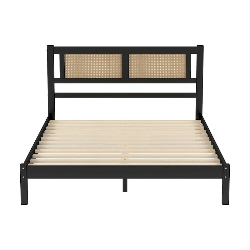 Ensemble de chambre 3 pièces : lit plateforme en bois Queen Size avec tête de lit en rotin, 2 tables de chevet en rotin et 3 tiroirs, noir