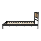 Ensemble de chambre 3 pièces : lit plateforme en bois Queen Size avec tête de lit en rotin, 2 tables de chevet en rotin et 3 tiroirs, noir