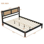 Ensemble de chambre 3 pièces : lit plateforme en bois Queen Size avec tête de lit en rotin, 2 tables de chevet en rotin et 3 tiroirs, noir