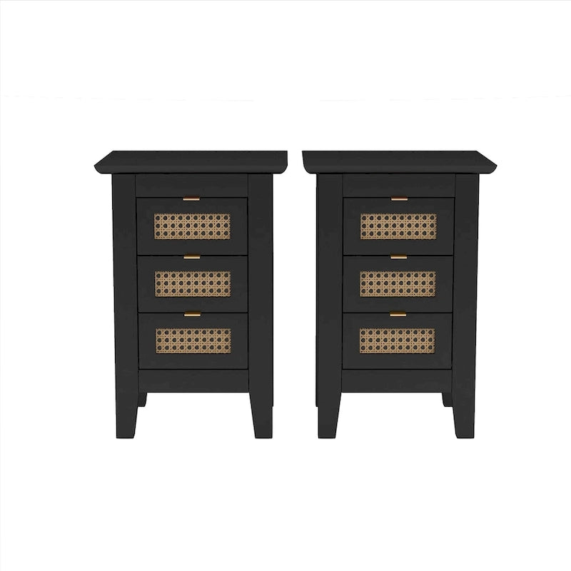 Ensemble de chambre 3 pièces : lit plateforme en bois Queen Size avec tête de lit en rotin, 2 tables de chevet en rotin et 3 tiroirs, noir