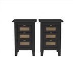 Ensemble de chambre 3 pièces : lit plateforme en bois Queen Size avec tête de lit en rotin, 2 tables de chevet en rotin et 3 tiroirs, noir