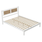 Ensemble de chambre 3 pièces : lit plateforme en bois Queen Size avec tête de lit en rotin, 2 tables de chevet en rotin et 3 tiroirs, noir