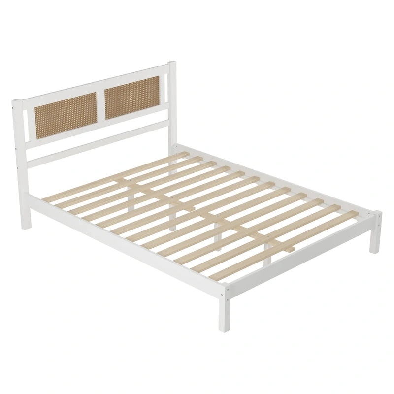 Ensemble de chambre 3 pièces : lit plateforme en bois Queen Size avec tête de lit en rotin, 2 tables de chevet en rotin et 3 tiroirs, noir