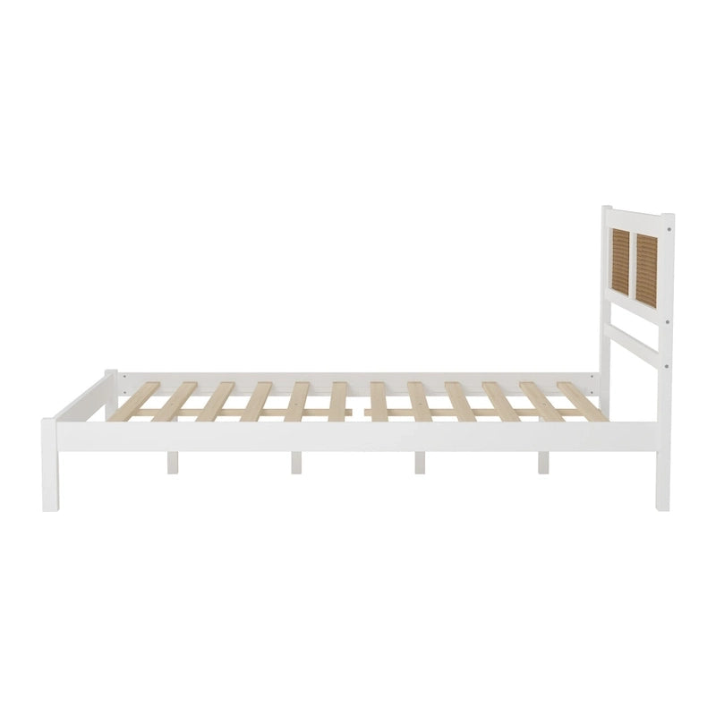 Ensemble de chambre 3 pièces : lit plateforme en bois Queen Size avec tête de lit en rotin, 2 tables de chevet en rotin et 3 tiroirs, noir