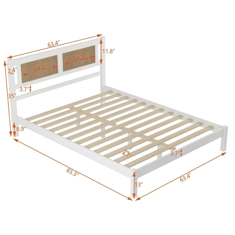 Ensemble de chambre 3 pièces : lit plateforme en bois Queen Size avec tête de lit en rotin, 2 tables de chevet en rotin et 3 tiroirs, noir