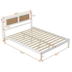 Ensemble de chambre 3 pièces : lit plateforme en bois Queen Size avec tête de lit en rotin, 2 tables de chevet en rotin et 3 tiroirs, noir
