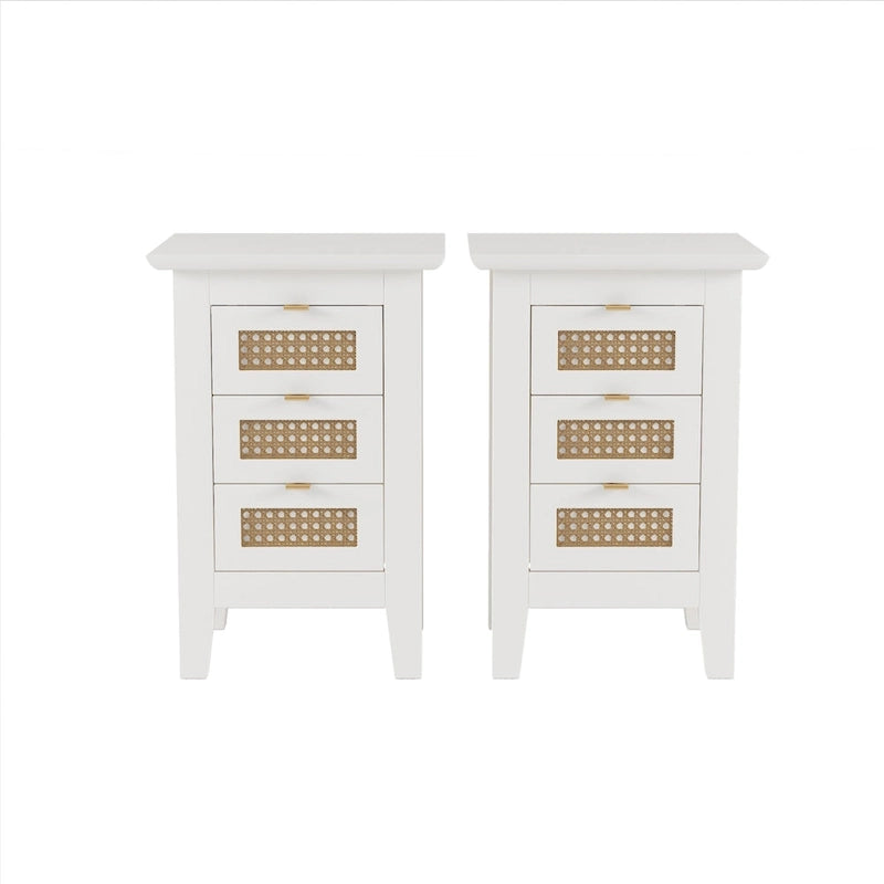 Ensemble de chambre 3 pièces : lit plateforme en bois Queen Size avec tête de lit en rotin, 2 tables de chevet en rotin et 3 tiroirs, noir