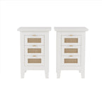 Ensemble de chambre 3 pièces : lit plateforme en bois Queen Size avec tête de lit en rotin, 2 tables de chevet en rotin et 3 tiroirs, noir