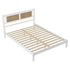 Ensemble de chambre 3 pièces : lit plateforme en bois Queen Size avec tête de lit en rotin, 2 tables de chevet en rotin et 3 tiroirs, noir