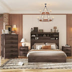 Ensemble de chambre à coucher 4 pièces comprenant un cadre de lit Queen Size en bois, 2 tables de chevet et 1 commode, noyer foncé