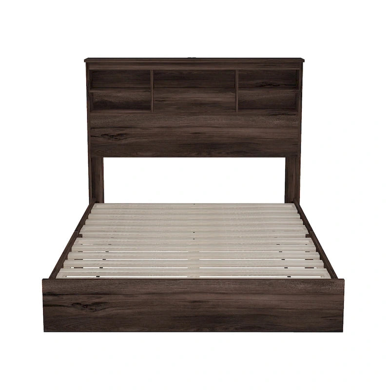 Ensemble de chambre à coucher 4 pièces comprenant un cadre de lit Queen Size en bois, 2 tables de chevet et 1 commode, noyer foncé