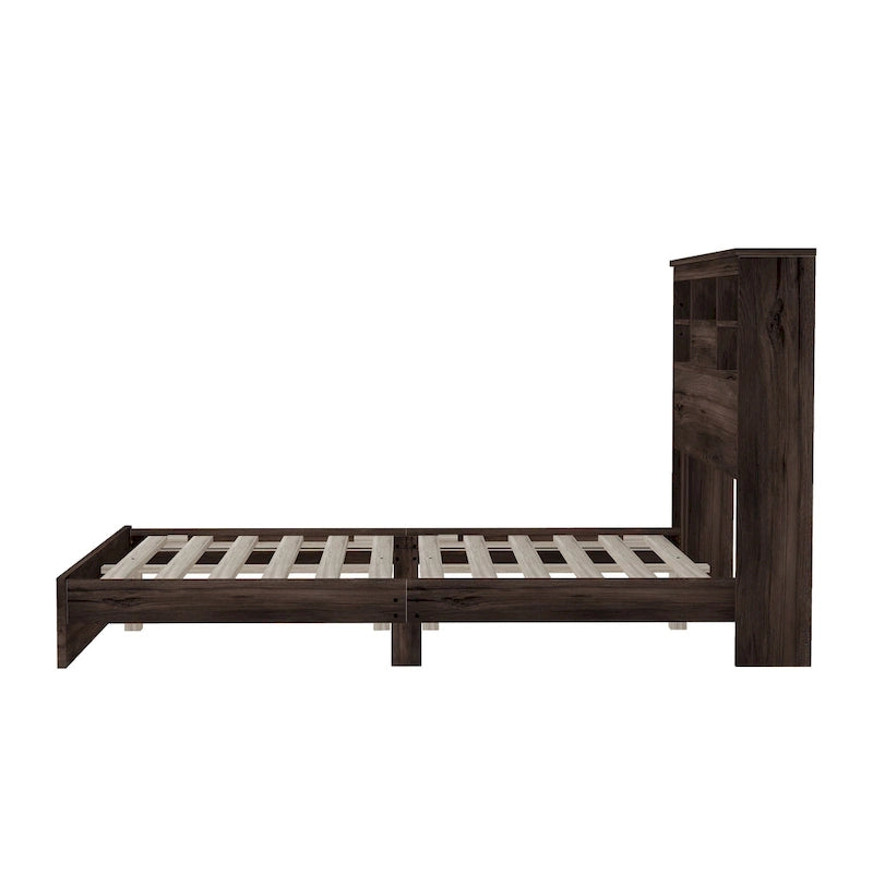 Ensemble de chambre à coucher 4 pièces comprenant un cadre de lit Queen Size en bois, 2 tables de chevet et 1 commode, noyer foncé
