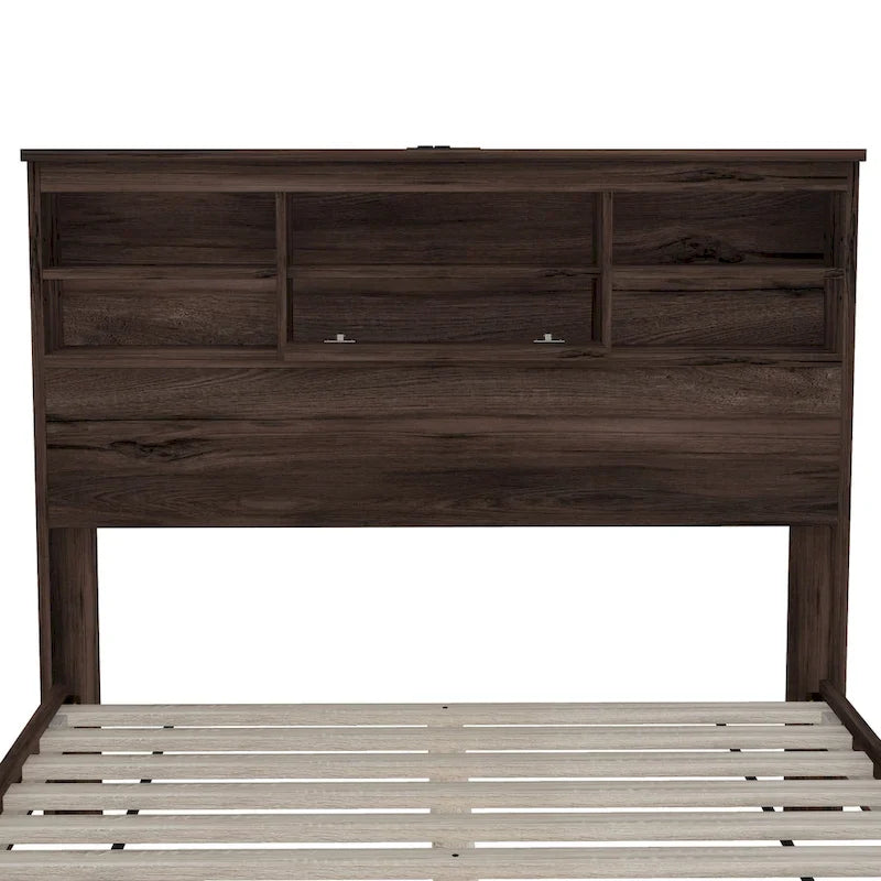 Ensemble de chambre à coucher 4 pièces comprenant un cadre de lit Queen Size en bois, 2 tables de chevet et 1 commode, noyer foncé