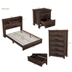 Ensemble de chambre à coucher 4 pièces comprenant un cadre de lit Queen Size en bois, 2 tables de chevet et 1 commode, noyer foncé