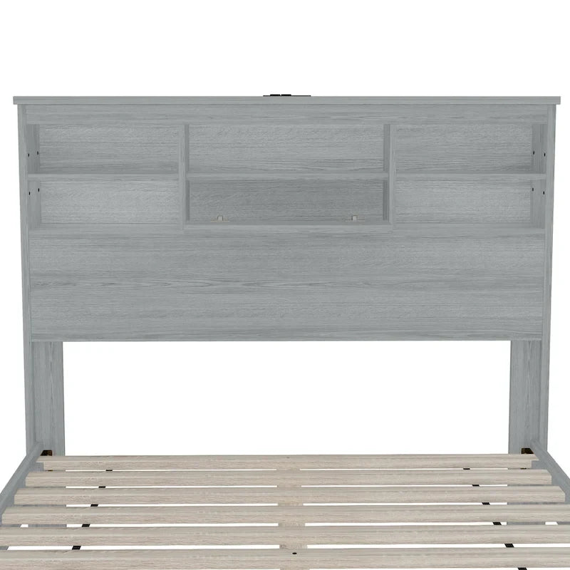 Ensemble de chambre à coucher 4 pièces comprenant un cadre de lit Queen Size en bois, 2 tables de chevet et 1 commode, noyer foncé