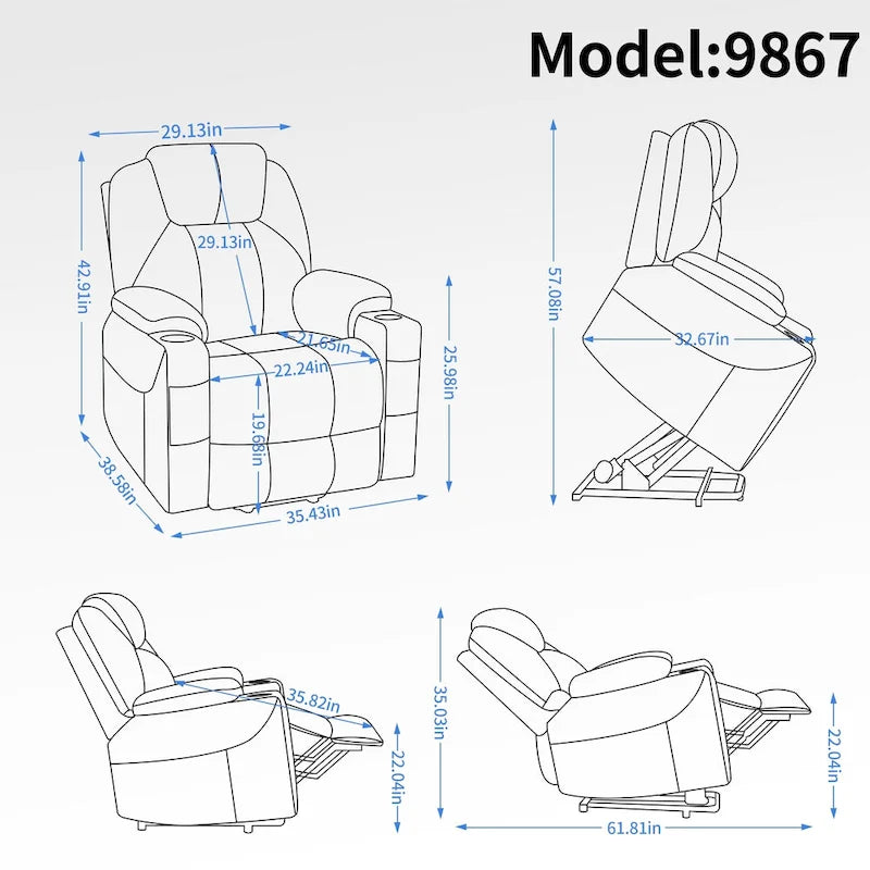 Fauteuil inclinable motorisé jusqu'à 158 kg (350 livres) en chenille avec mécanisme d'inclinaison robuste, 8 points de massage vibrant et lombaire