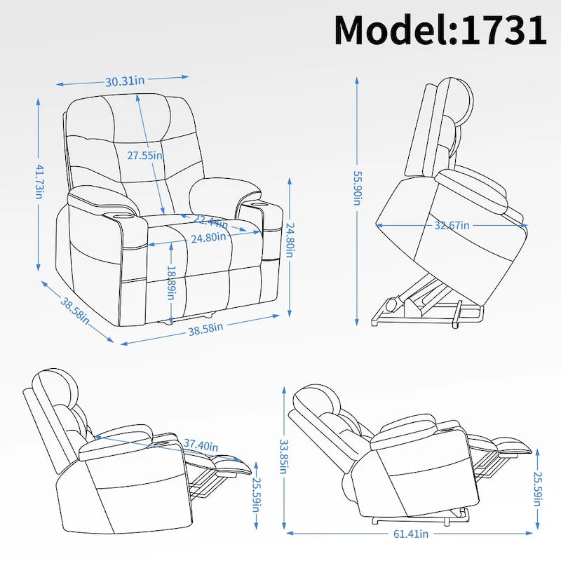 Fauteuil inclinable motorisé jusqu'à 158 kg (350 livres) en chenille avec mécanisme d'inclinaison robuste, 8 points de massage vibrant et lombaire