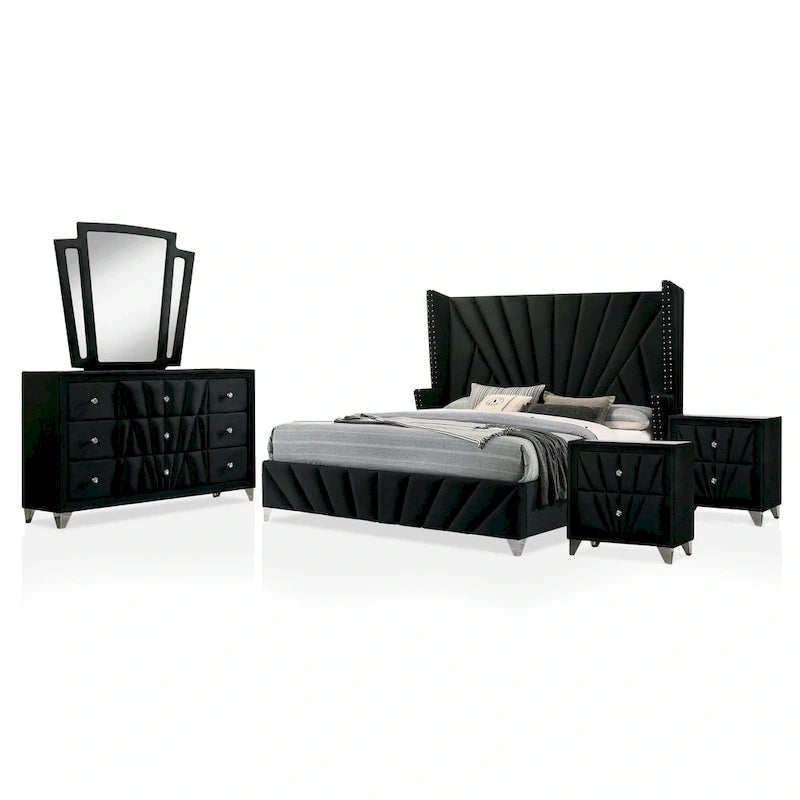 Ensemble de chambre à coucher 5 pièces Ambrosia Glam en tissu noir capitonné avec clous décoratifs, par Furniture of America