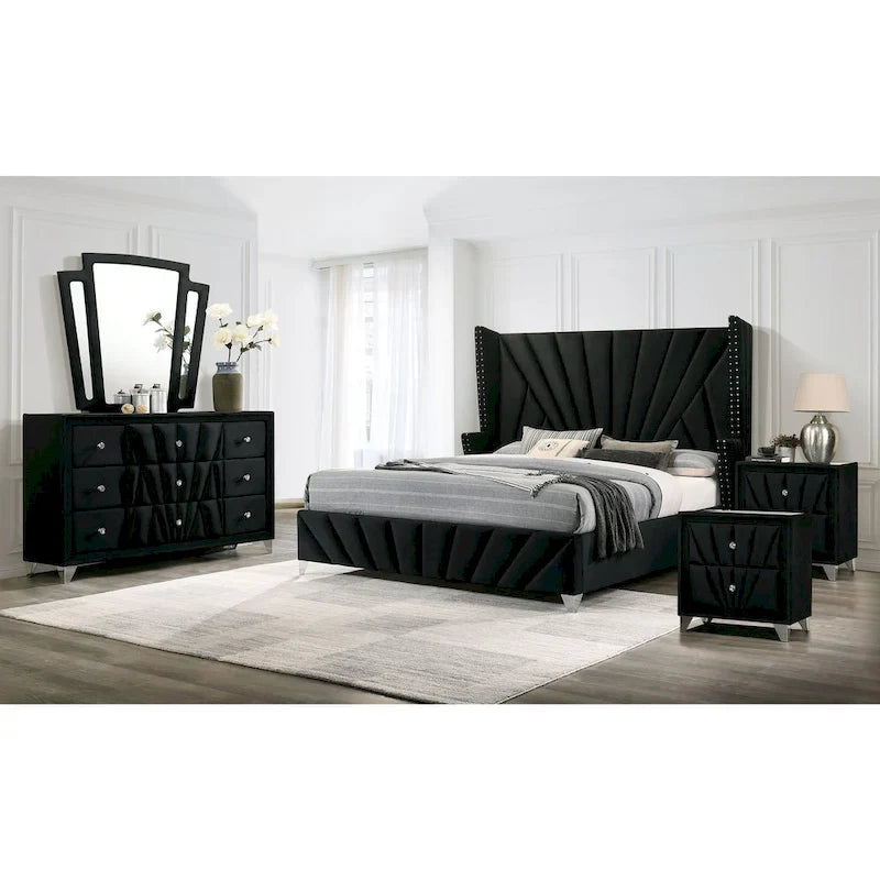 Ensemble de chambre à coucher 5 pièces Ambrosia Glam en tissu noir capitonné avec clous décoratifs, par Furniture of America