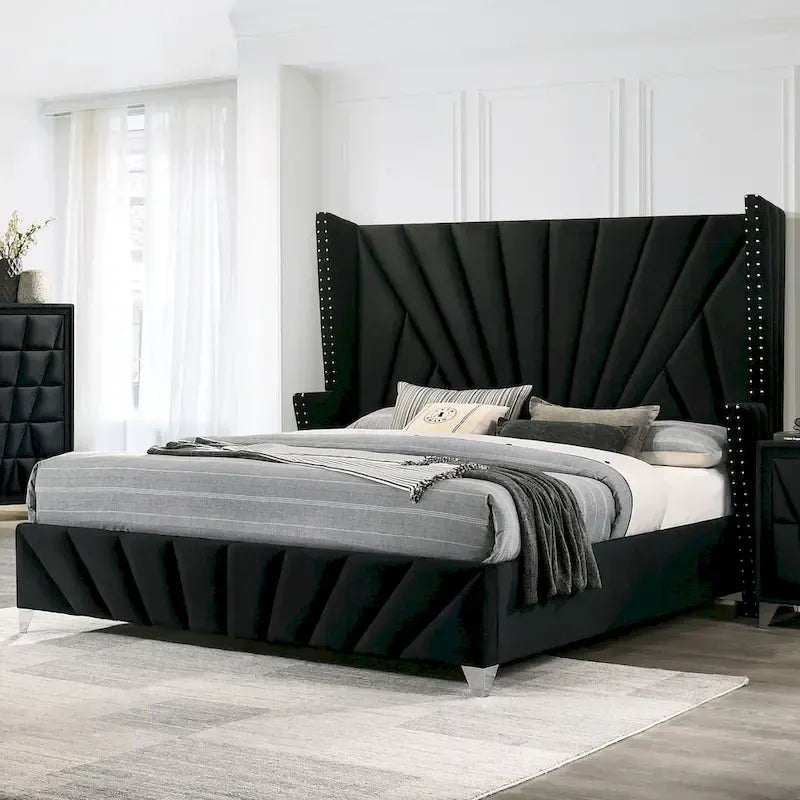Ensemble de chambre à coucher 5 pièces Ambrosia Glam en tissu noir capitonné avec clous décoratifs, par Furniture of America