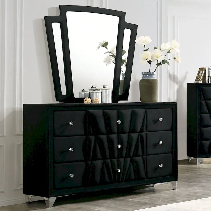 Ensemble de chambre à coucher 5 pièces Ambrosia Glam en tissu noir capitonné avec clous décoratifs, par Furniture of America