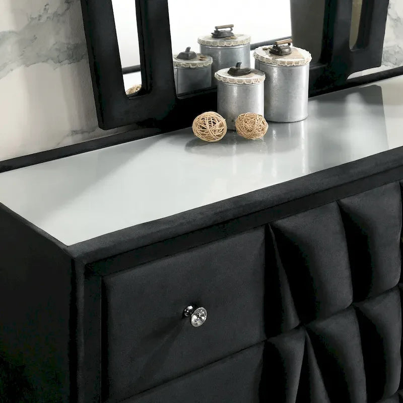 Ensemble de chambre à coucher 5 pièces Ambrosia Glam en tissu noir capitonné avec clous décoratifs, par Furniture of America