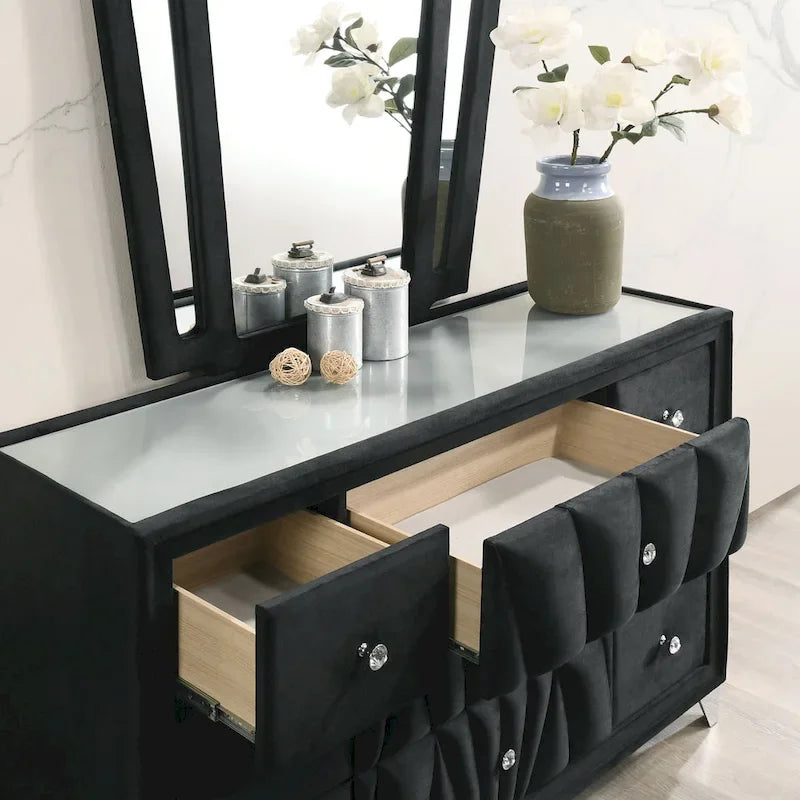 Ensemble de chambre à coucher 5 pièces Ambrosia Glam en tissu noir capitonné avec clous décoratifs, par Furniture of America