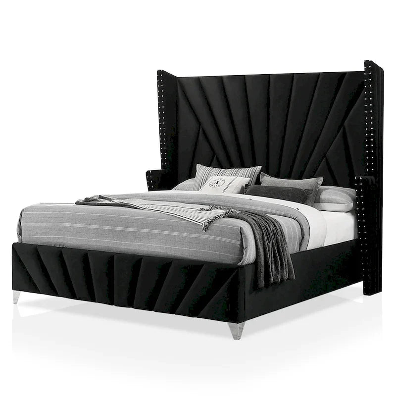 Ensemble de chambre à coucher 5 pièces Ambrosia Glam en tissu noir capitonné avec clous décoratifs, par Furniture of America