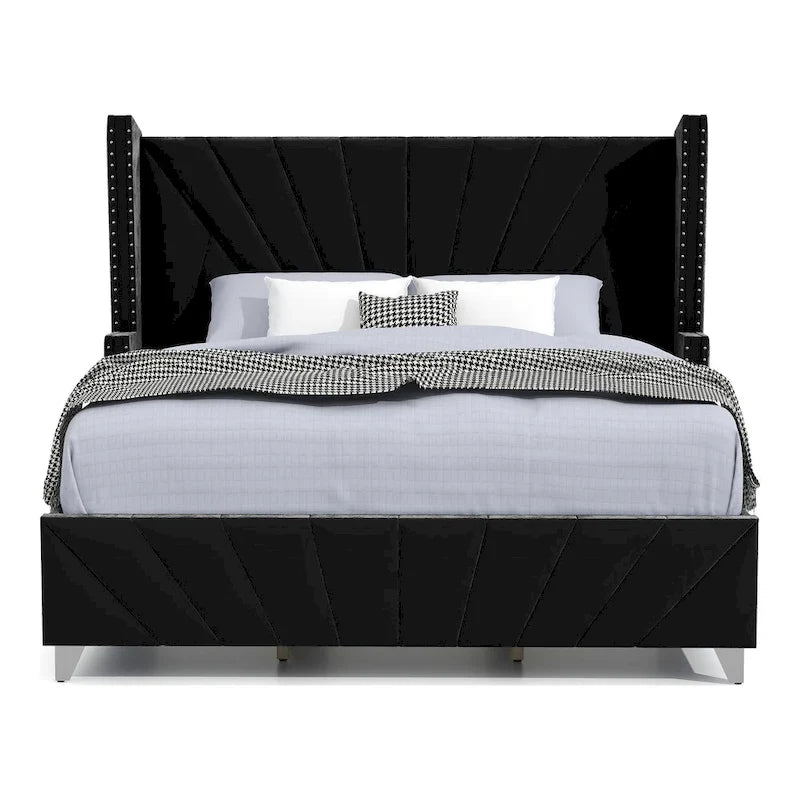 Ensemble de chambre à coucher 5 pièces Ambrosia Glam en tissu noir capitonné avec clous décoratifs, par Furniture of America