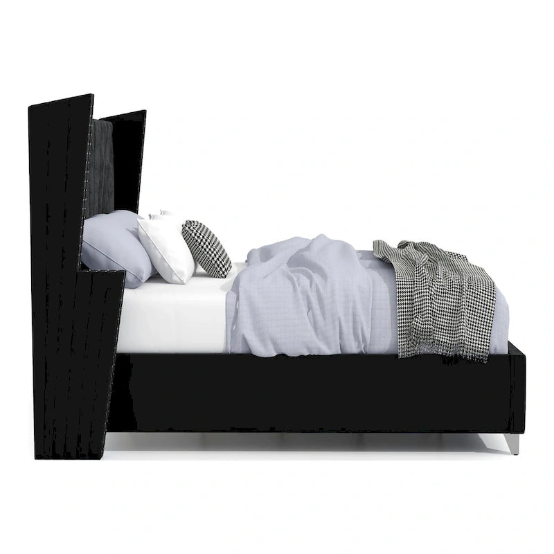 Ensemble de chambre à coucher 5 pièces Ambrosia Glam en tissu noir capitonné avec clous décoratifs, par Furniture of America