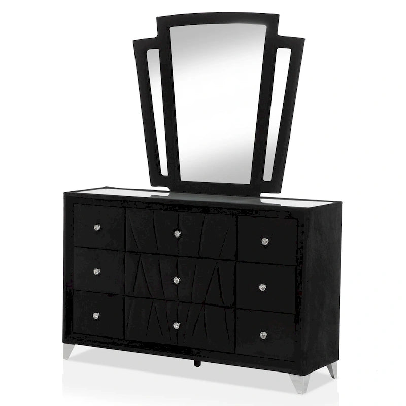 Ensemble de chambre à coucher 5 pièces Ambrosia Glam en tissu noir capitonné avec clous décoratifs, par Furniture of America