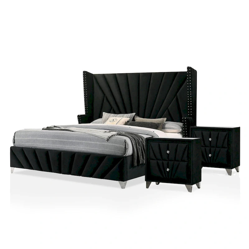 Ensemble de chambre à coucher 3 pièces Ambrosia Glam en tissu noir capitonné avec clous décoratifs, par Furniture of America