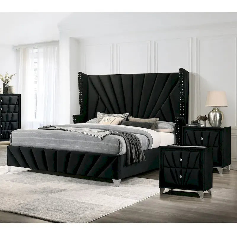 Ensemble de chambre à coucher 3 pièces Ambrosia Glam en tissu noir capitonné avec clous décoratifs, par Furniture of America